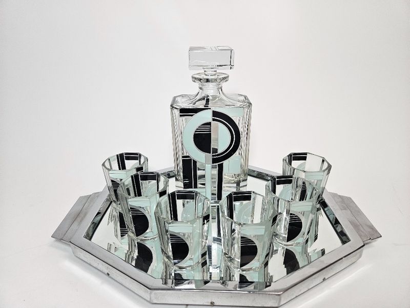 Art Deco Whisky Glass Decanter Set by Karel Palda Czechoslovakia 1930s