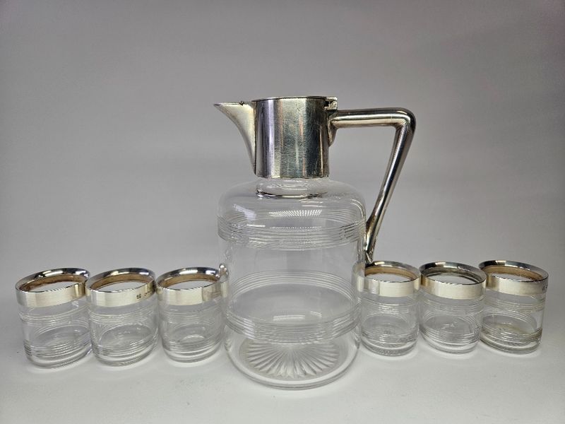 Silver Crystal Jug With 6 Glasses Art Deco  England 1930s