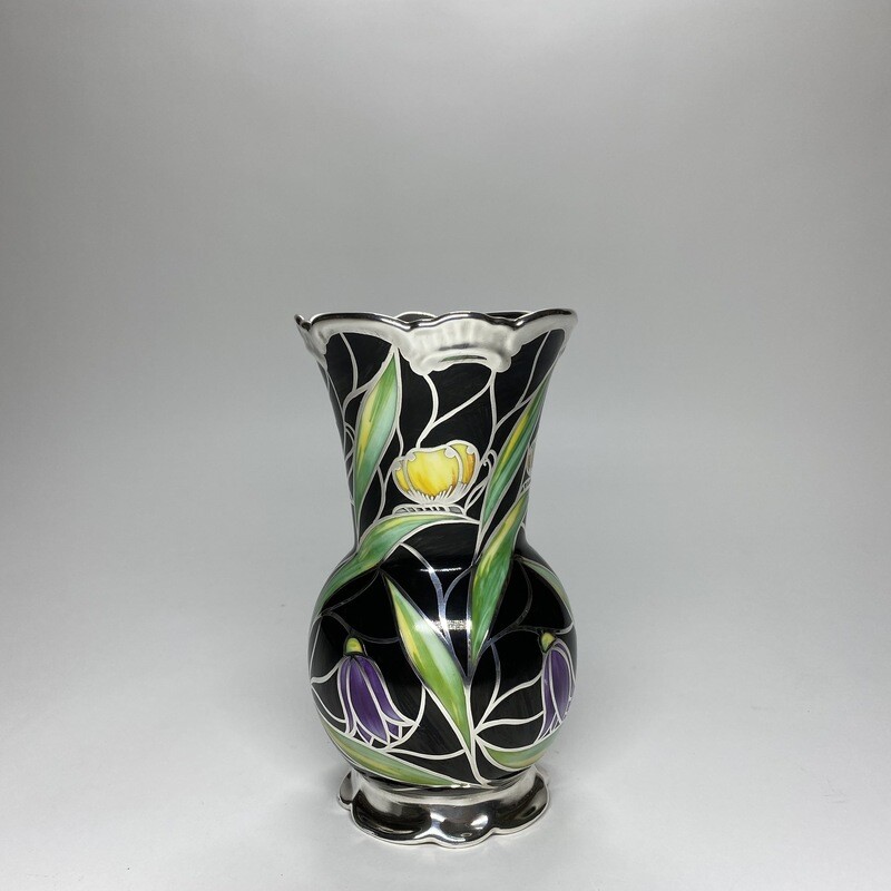 German Mid-Century Enamelled Ceramic Vase With Silver Overlay And Floral Motives