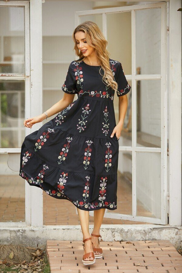 Round Neck Short Sleeves Floral Embroidered Tiered Midi Dress