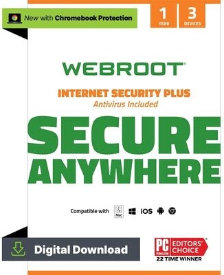 Webroot Internet Security Plus | Antivirus Software 2022 |3 Device |1 Year Download for PC/Mac/Chromebook/Android/IOS + Password Manager