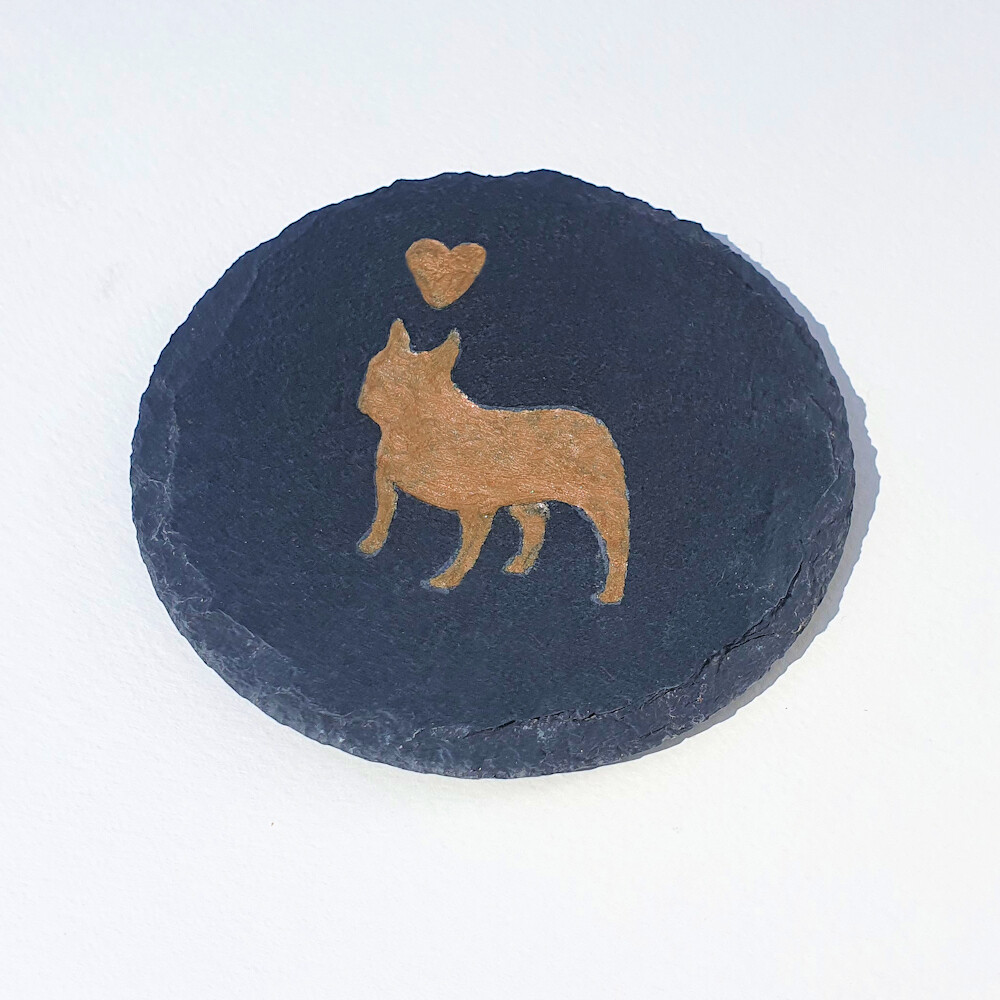 French Bulldog, Hand Carved Coaster, Gold Heart Gift, Frenchie Gift