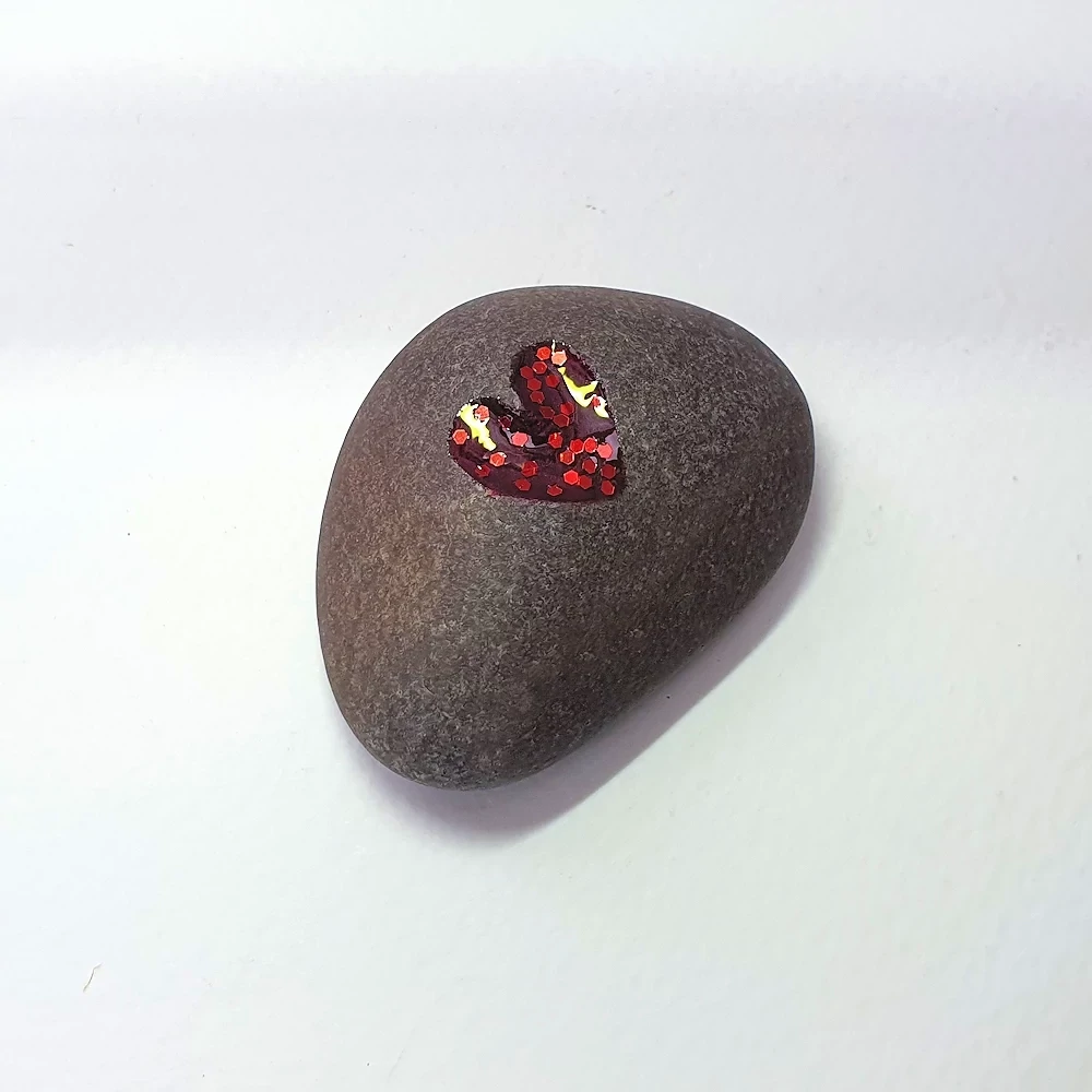 Love Pebble, Red Sparkle Heart, Hand Carved, Clear Resin Fill, Brown Grey Small Stone