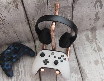 Handmade copper pipe docking station for xbox / playstation controller/ control pad & headset headphone gamer stand/ holder