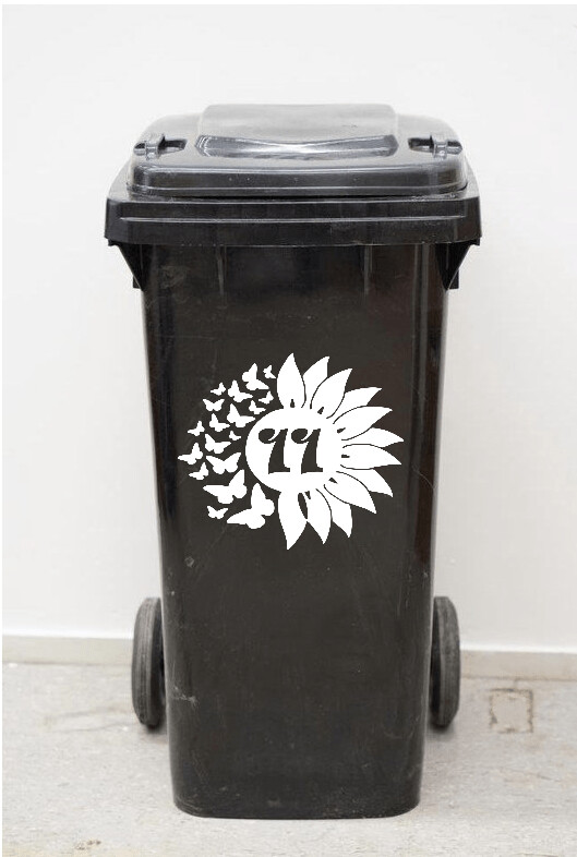 Containersticker "Zonnebloem/vlinder met huisnummer"