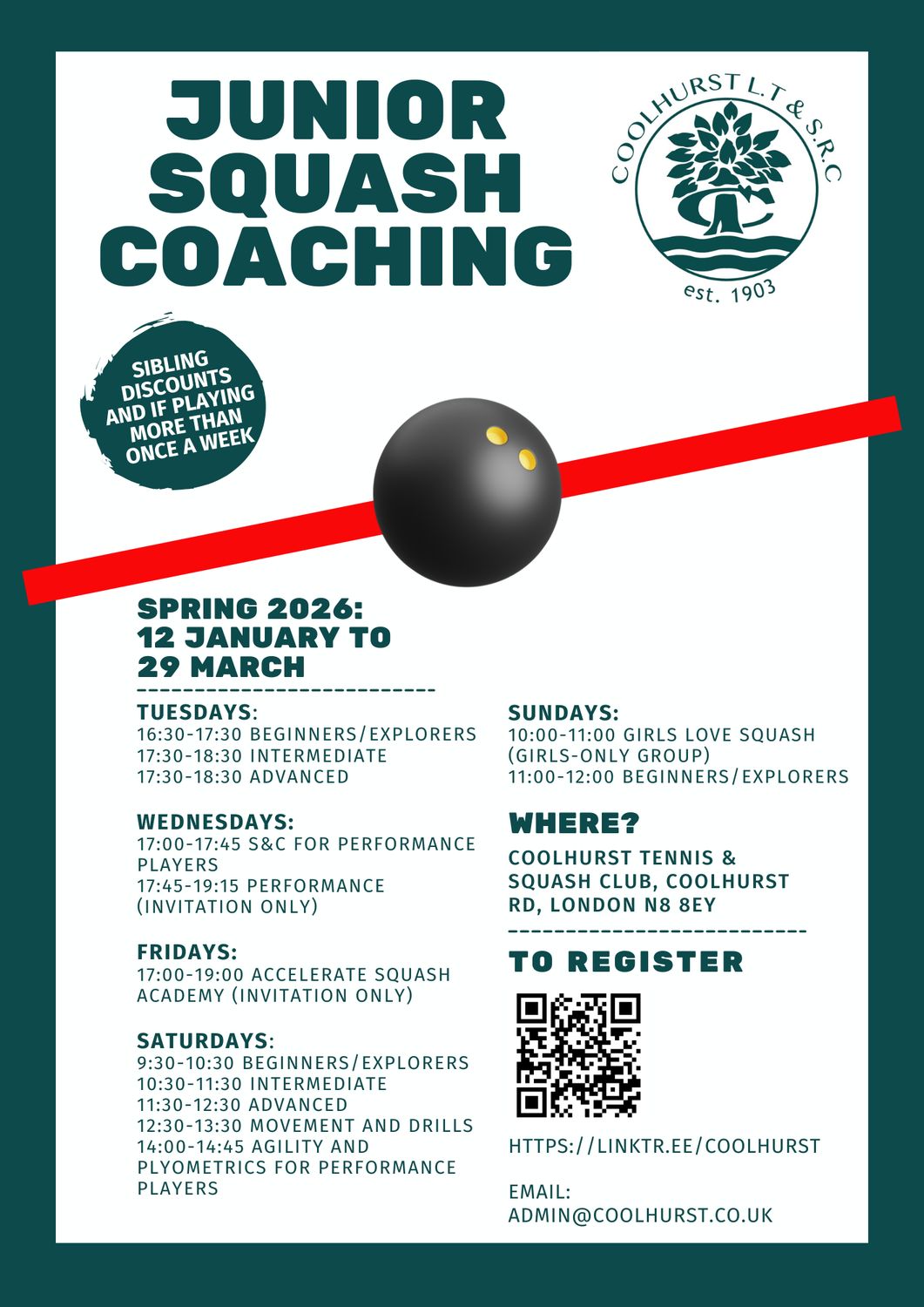 Junior Squash Lessons: Spring Term 2026