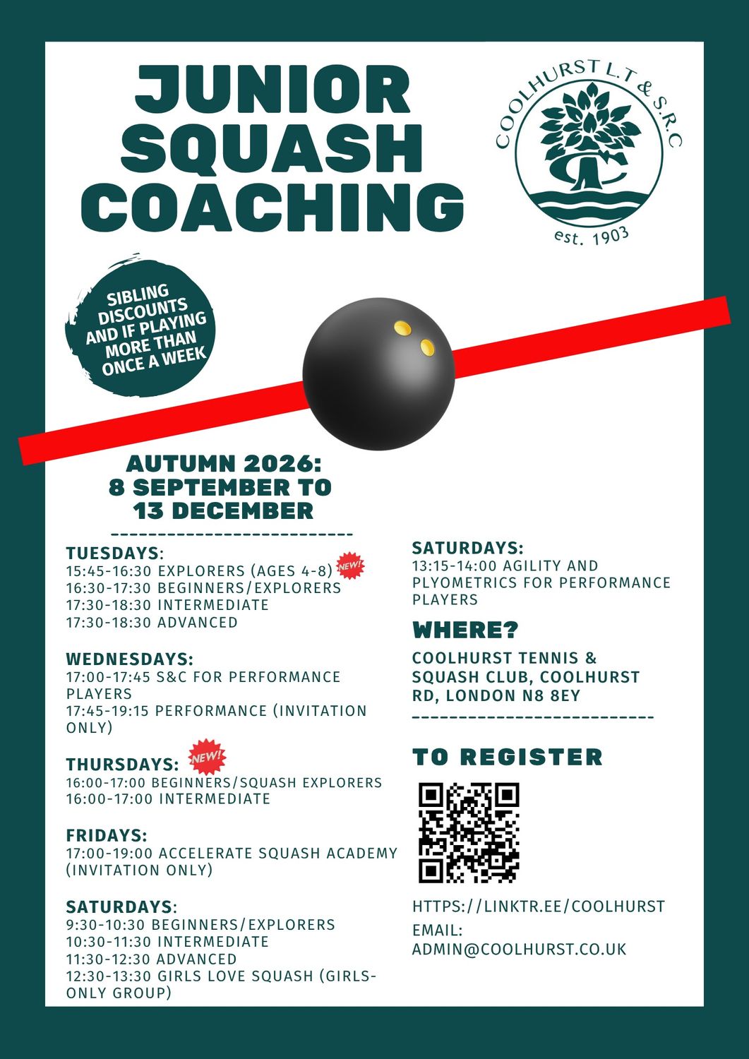 Junior Squash Lessons: Autumn Term 2026