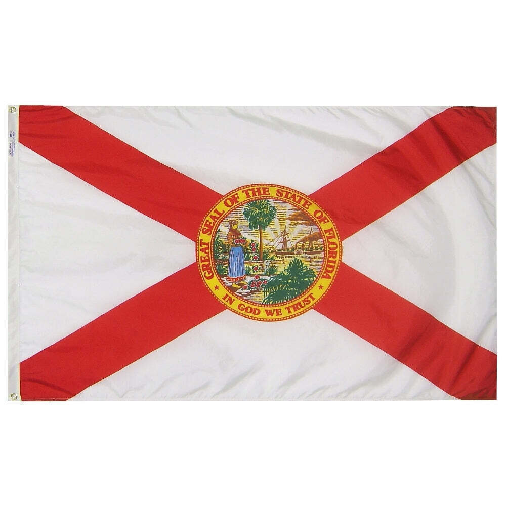 Florida State Flag 3x5 ft. Nylon SolarGuard Nyl-Glo 100% Made in USA to Official State Design Specifications.