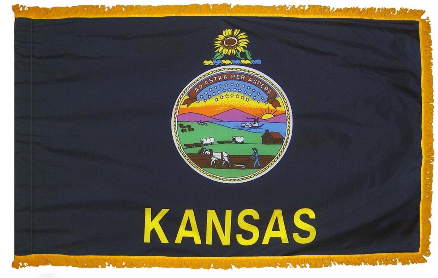 Kansas State Flag 3x5 ft. Nylon with Pole Sleeve and Gold Fringe for Parades, and Indoor Display