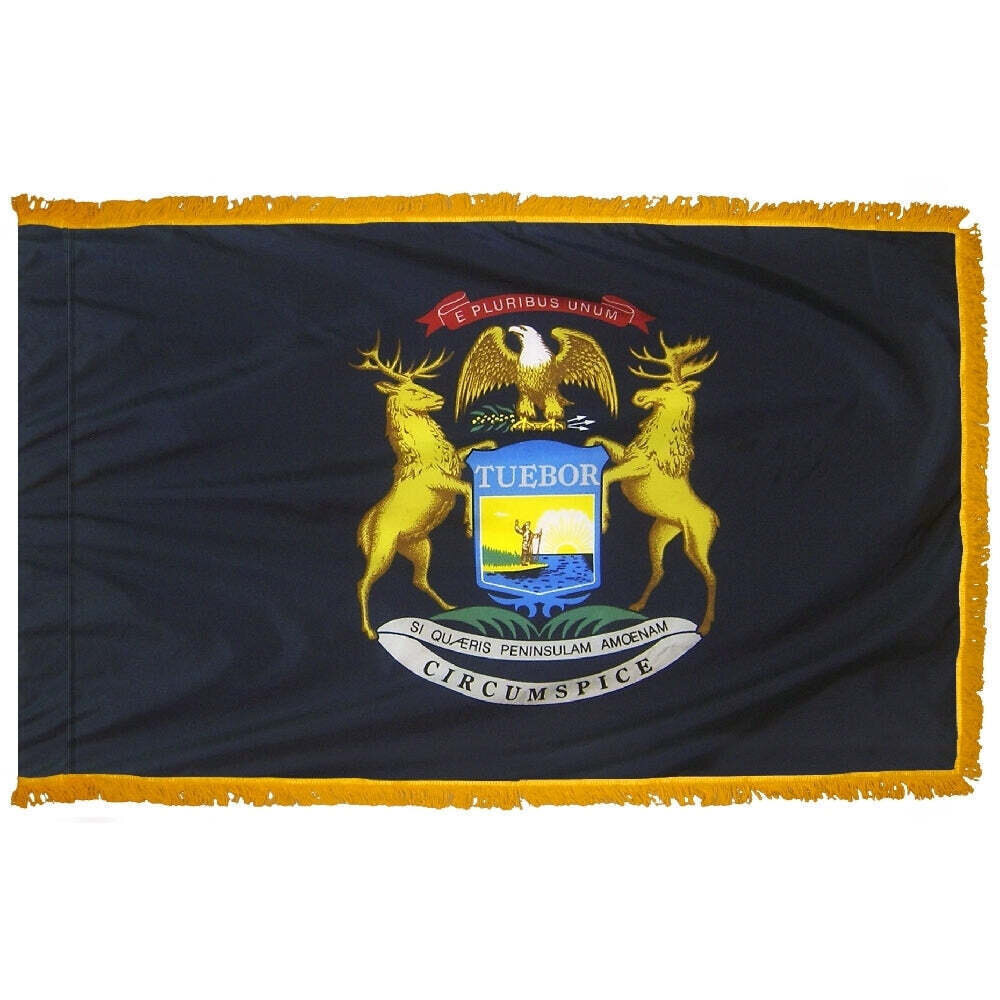 Michigan State Flag 4x6 ft. Nylon with Pole Sleeve and Gold Fringe for Parades, and Indoor Display