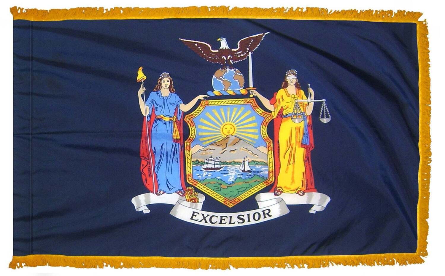 New York State Flag 4x6 ft. Nylon with Pole Sleeve and Gold Fringe for Parades, and Indoor Display