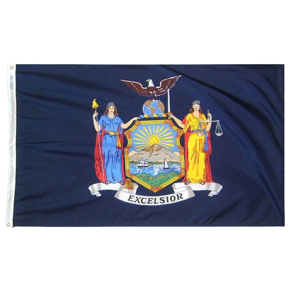 New York State Flag 5x8 ft. Nylon SolarGuard Nyl-Glo 100% Made in USA to Official State Design Specifications.