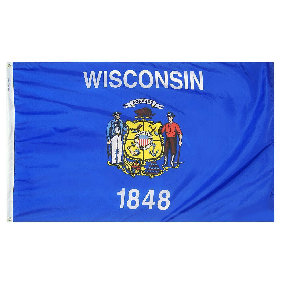 Wisconsin State Flag 3x5 ft. Nylon SolarGuard Nyl-Glo 100% Made in USA to Official State Design Specifications.