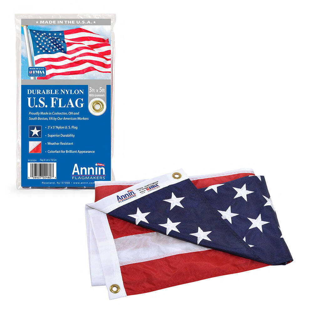 American Flag 3x5 ft. Nylon SolarGuard Nyl-Glo , 100% Made in USA with Sewn Stripes, Embroidered Stars and Brass Grommets. Annin 2460