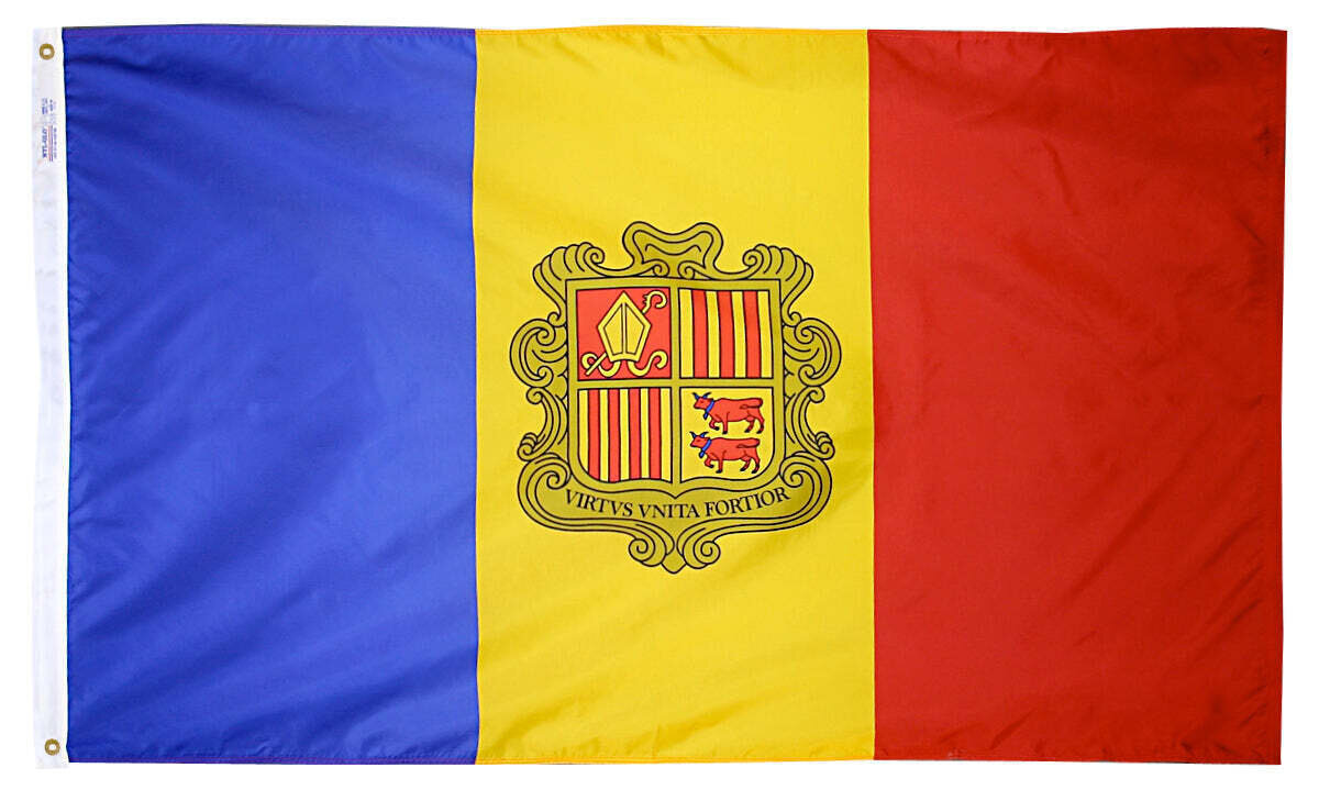 Andorra Flag 4x6 ft. Nylon SolarGuard Nyl-Glo 100% Made in USA to Official United Nations Design Specifications.