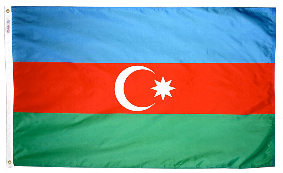Azerbaijan Flag 2x3 ft. Nylon SolarGuard Nyl-Glo 100% Made in USA to Official United Nations Design Specifications.