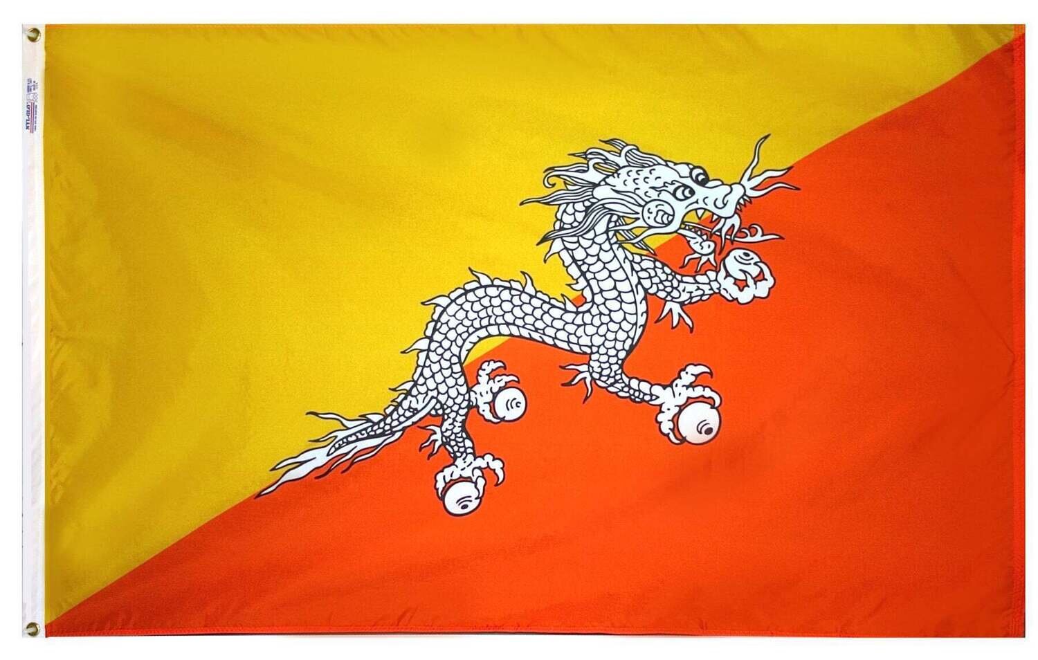Bhutan Flag 2x3 ft. Nylon SolarGuard Nyl-Glo 100% Made in USA to Official United Nations Design Specifications.