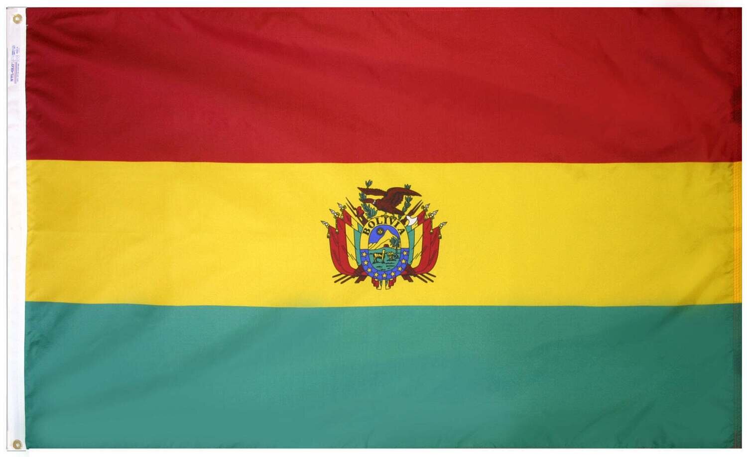 Bolivia Flag 2x3 ft. Nylon SolarGuard Nyl-Glo 100% Made in USA to Official United Nations Design Specifications.