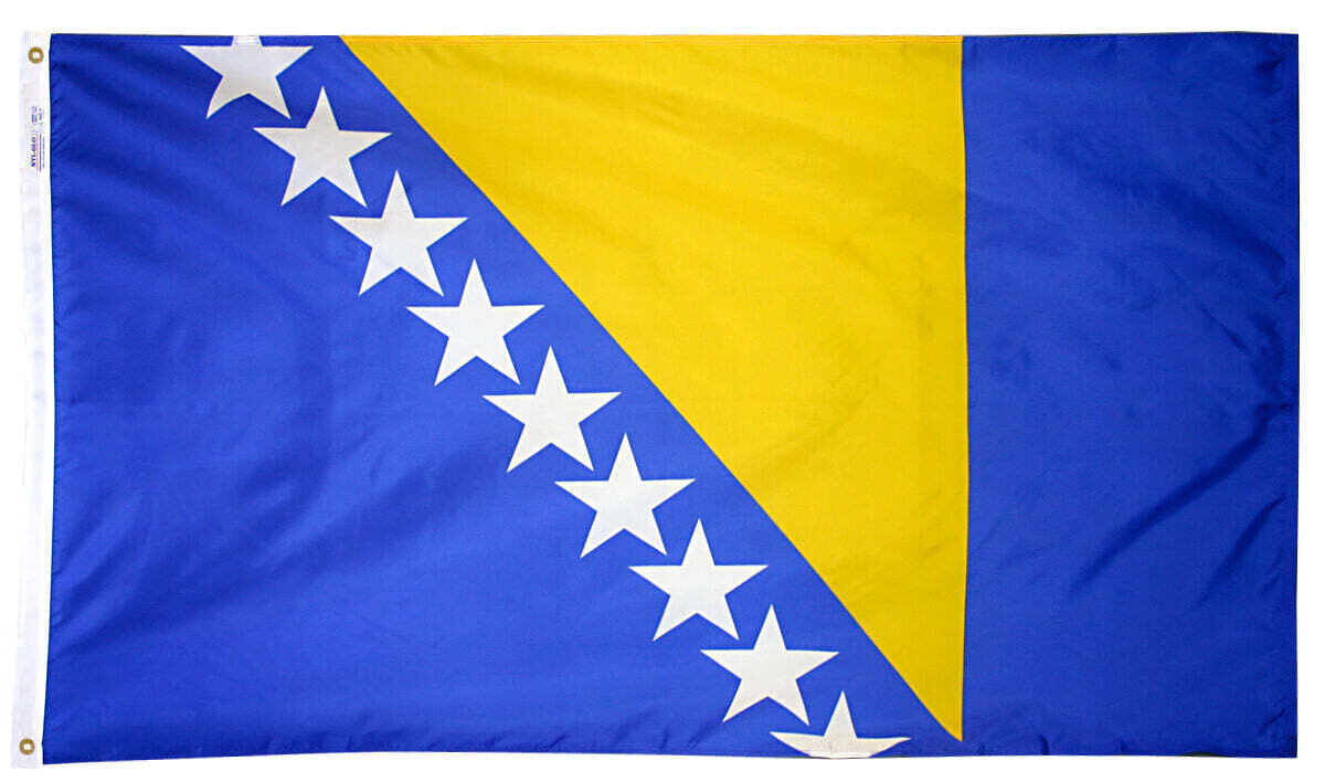 Bosnia-Herzegovina Flag 5x8 ft. Nylon SolarGuard Nyl-Glo 100% Made in USA to Official United Nations Design Specifications.