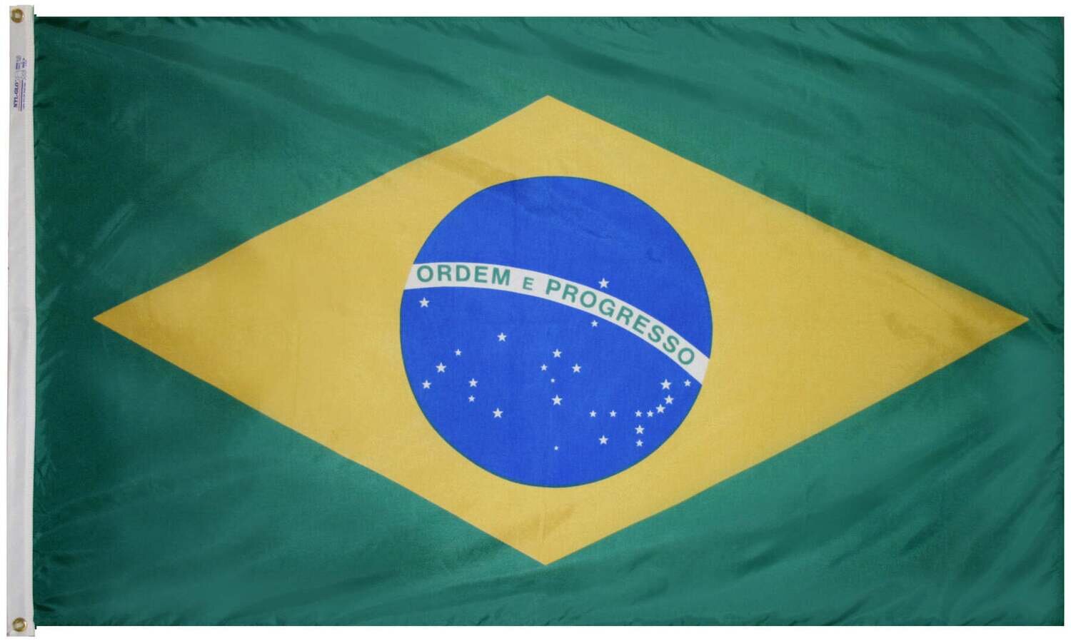 Brazil Flag 5x8 ft. Nylon SolarGuard Nyl-Glo 100% Made in USA to Official United Nations Design Specifications.