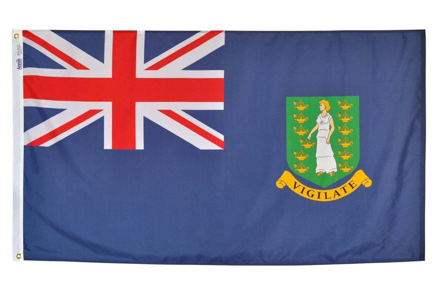 British Virgin Islands Flag, Blue 3x5 ft. Nylon SolarGuard Nyl-Glo 100% Made in USA to Official United Nations Design Specifications.