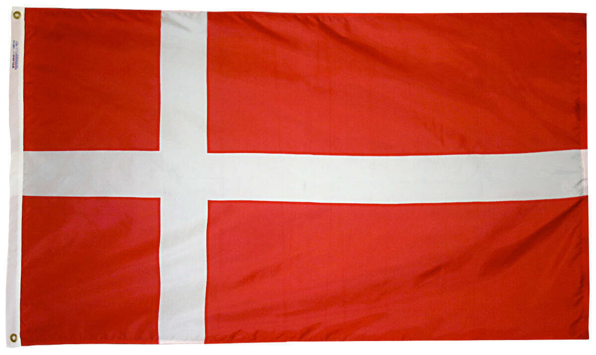Denmark Flag 3x5 ft. Nylon SolarGuard Nyl-Glo 100% Made in USA to Official United Nations Design Specifications.