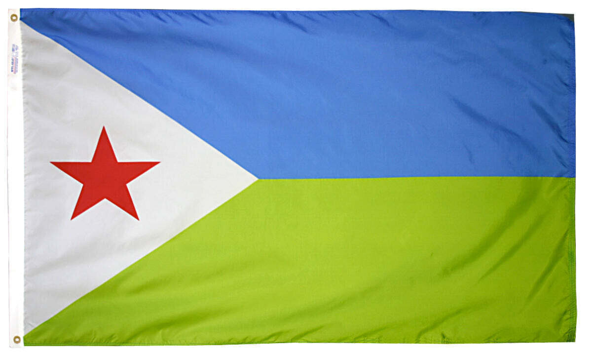 Djibouti Flag 5x8 ft. Nylon SolarGuard Nyl-Glo 100% Made in USA to Official United Nations Design Specifications.