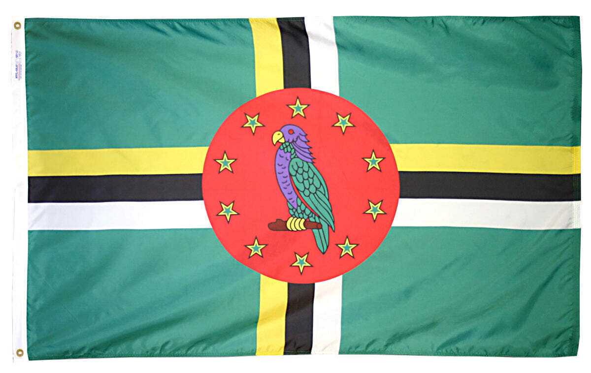 Dominica Flag 2x3 ft. Nylon SolarGuard Nyl-Glo 100% Made in USA to Official United Nations Design Specifications.