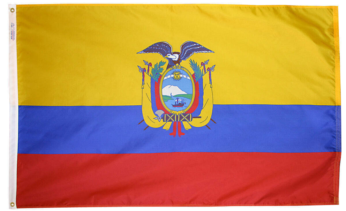 Ecuador Flag 5x8 ft. Nylon SolarGuard Nyl-Glo 100% Made in USA to Official United Nations Design Specifications.