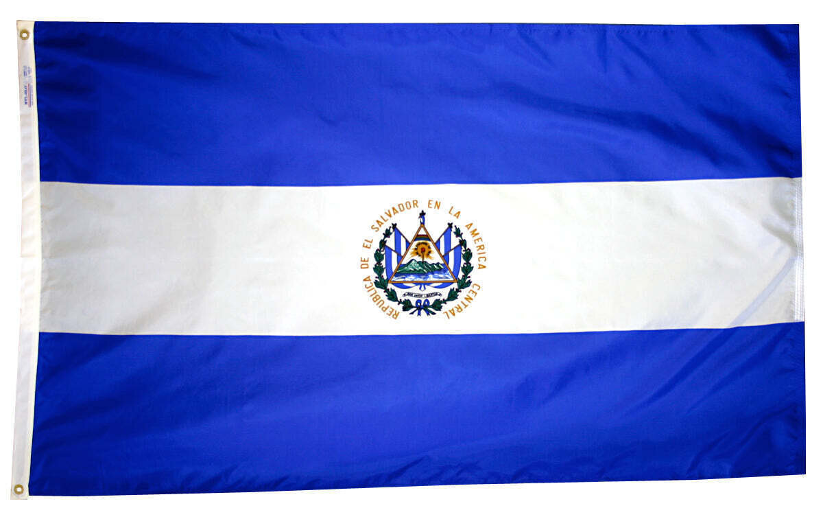 El Salvador Flag 2x3 ft. Nylon SolarGuard Nyl-Glo 100% Made in USA to Official United Nations Design Specifications.