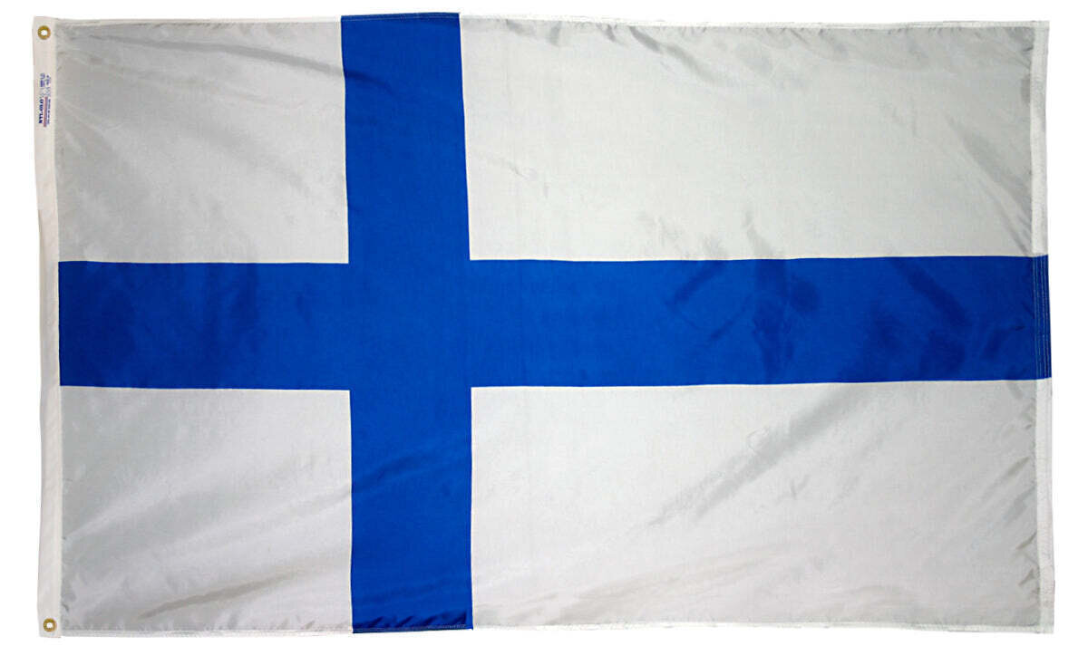 Finland Flag 5x8 ft. Nylon SolarGuard Nyl-Glo 100% Made in USA to Official United Nations Design Specifications.