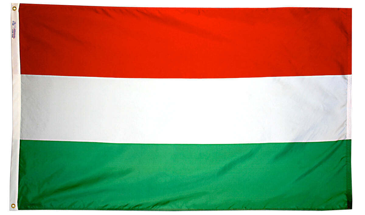 Hungary Flag 3x5 ft. Nylon SolarGuard Nyl-Glo 100% Made in USA to Official United Nations Design Specifications.