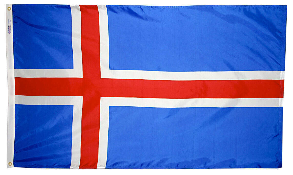 Iceland Flag 3x5 ft. Nylon SolarGuard Nyl-Glo 100% Made in USA to Official United Nations Design Specifications.