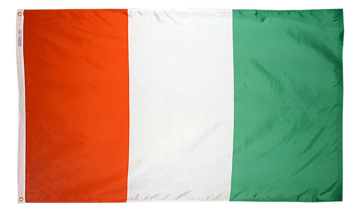 Ivory Coast Flag 3x5 ft. Nylon SolarGuard Nyl-Glo 100% Made in USA to Official United Nations Design Specifications.