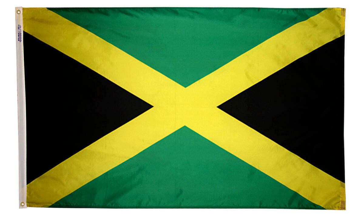Jamaica Flag 3x5 ft. Nylon SolarGuard Nyl-Glo 100% Made in USA to Official United Nations Design Specifications.