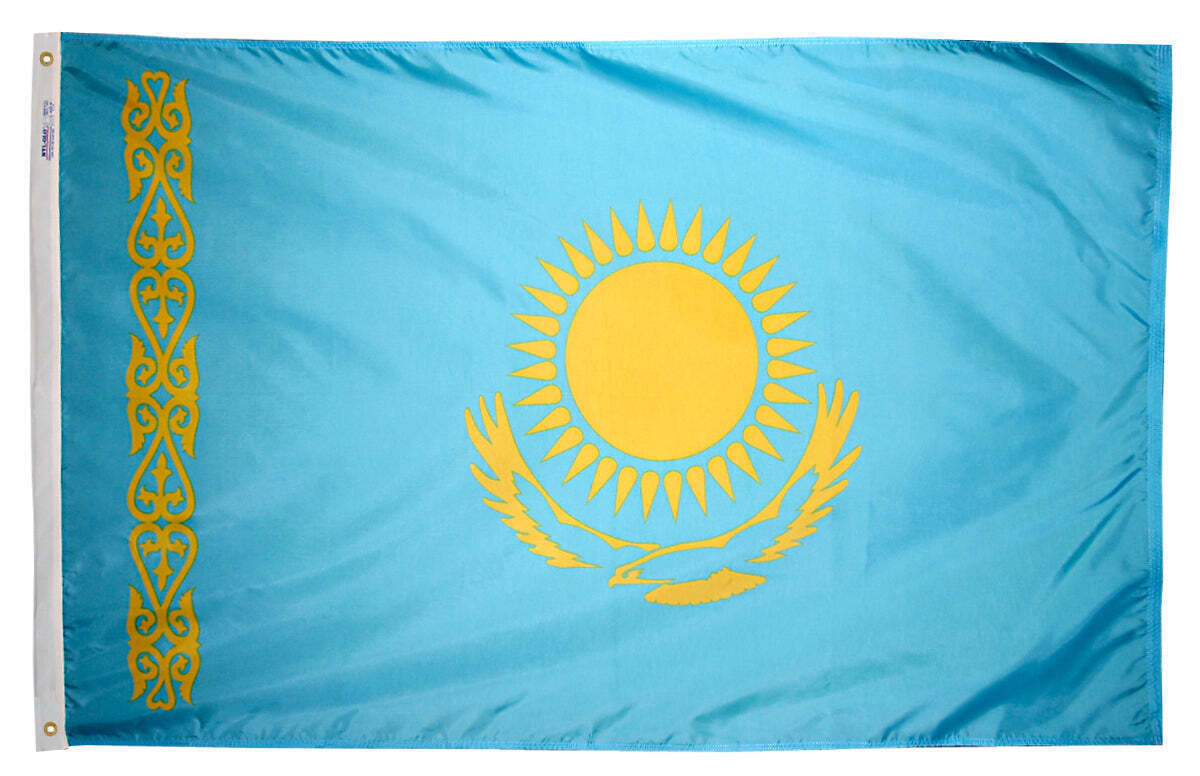 Kazakhstan Flag 5x8 ft. Nylon SolarGuard Nyl-Glo 100% Made in USA to Official United Nations Design Specifications.