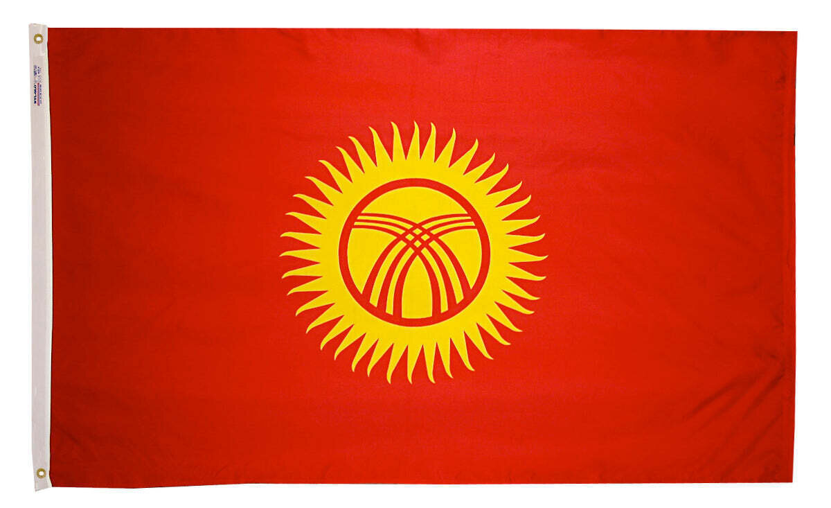 Kyrgyzstan Flag 2x3 ft. Nylon SolarGuard Nyl-Glo 100% Made in USA to Official United Nations Design Specifications.