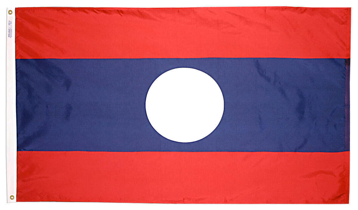 Laos Flag 3x5 ft. Nylon SolarGuard Nyl-Glo 100% Made in USA to Official United Nations Design Specifications.