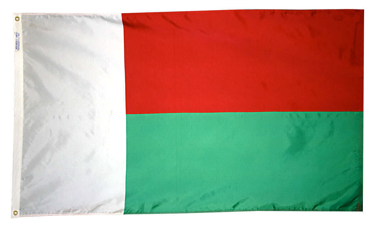 Madagascar Flag 5x8 ft. Nylon SolarGuard Nyl-Glo 100% Made in USA to Official United Nations Design Specifications.