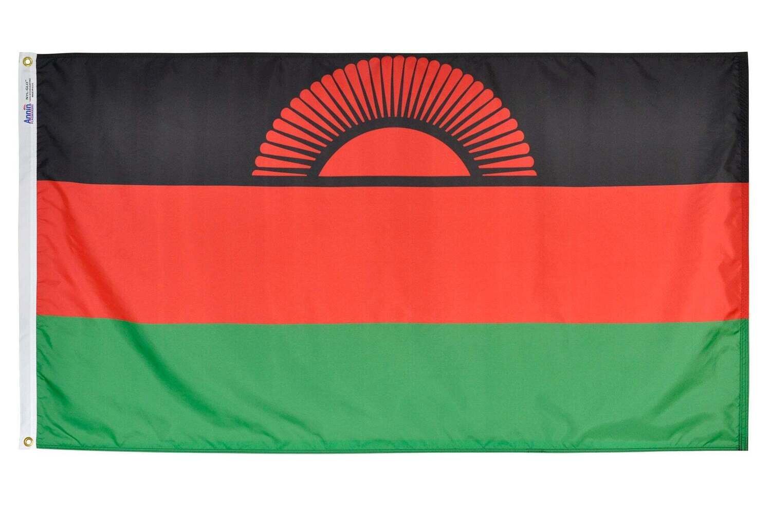 Malawi Flag 5x8 ft. Nylon SolarGuard Nyl-Glo 100% Made in USA to Official United Nations Design Specifications.