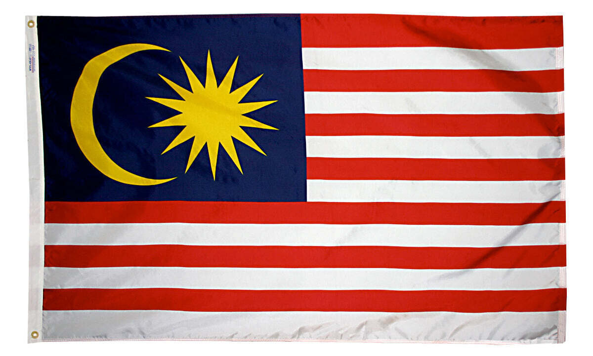 Malaysia Flag 2x3 ft. Nylon SolarGuard Nyl-Glo 100% Made in USA to Official United Nations Design Specifications.