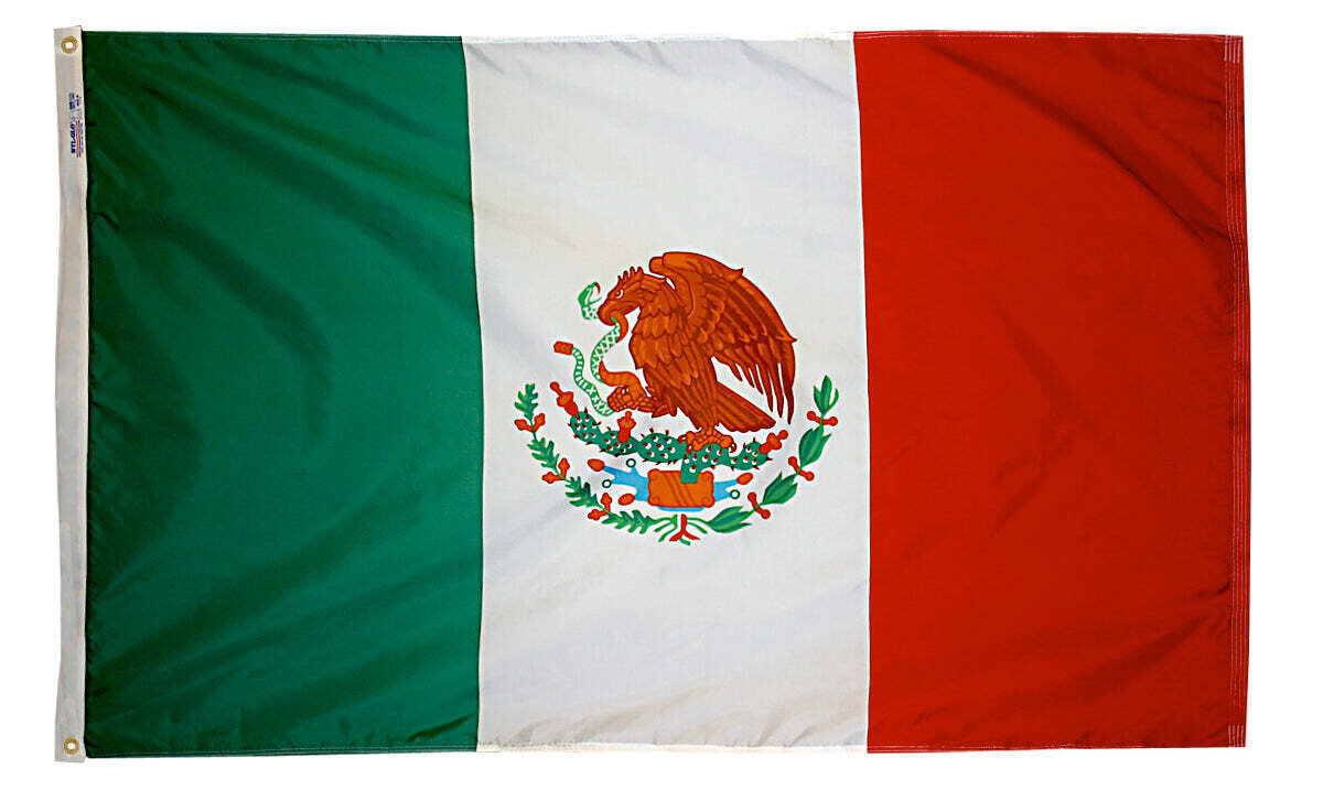 Mexico Flag 3x5 ft. Nylon SolarGuard Nyl-Glo 100% Made in USA to Official United Nations Design Specifications.