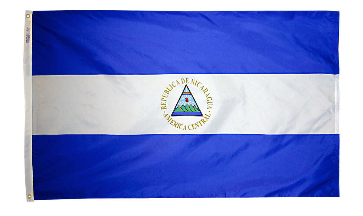 Nicaragua Flag 3x5 ft. Nylon SolarGuard Nyl-Glo 100% Made in USA to Official United Nations Design Specifications.