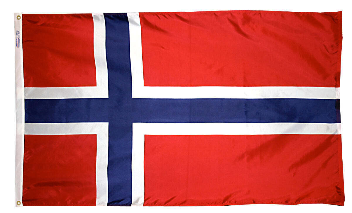 Norway Flag 5x8 ft. Nylon SolarGuard Nyl-Glo 100% Made in USA to Official United Nations Design Specifications.