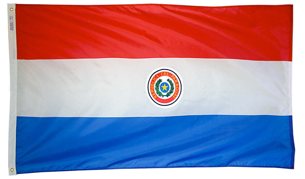 Paraguay flag 5x8 ft. Nylon SolarGuard Nyl-Glo 100% Made in USA to Official United Nations Design Specifications.
