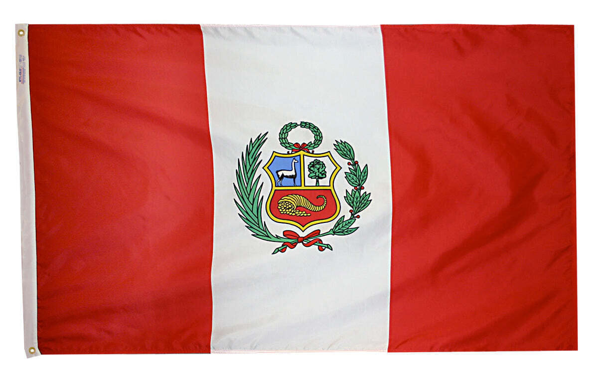 Peru Flag 2x3 ft. Nylon SolarGuard Nyl-Glo 100% Made in USA to Official United Nations Design Specifications.