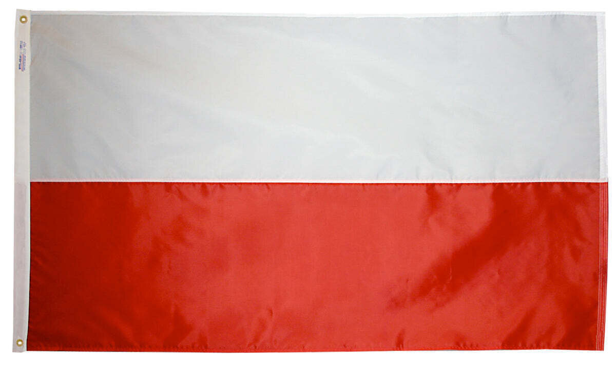 Poland Flag 3x5 ft. Nylon SolarGuard Nyl-Glo 100% Made in USA to Official United Nations Design Specifications.