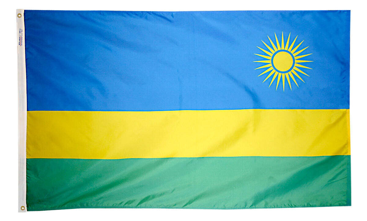 Rwanda Flag 3x5 ft. Nylon SolarGuard Nyl-Glo 100% Made in USA to Official United Nations Design Specifications.
