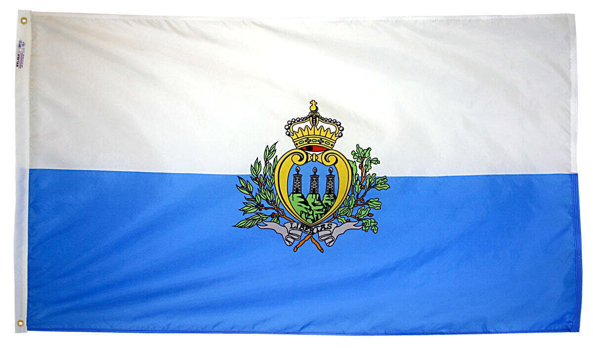 San Marino Flag 2x3 ft. Nylon SolarGuard Nyl-Glo 100% Made in USA to Official United Nations Design Specifications.