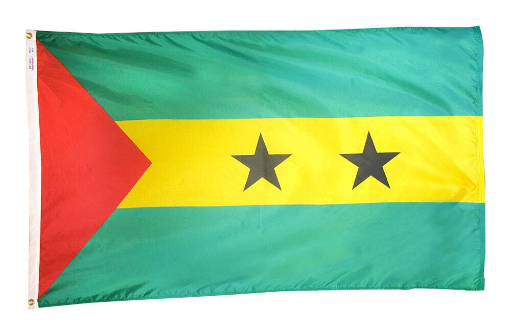Sao Tome & Principe Flag 5x8 ft. Nylon SolarGuard Nyl-Glo 100% Made in USA to Official United Nations Design Specifications.